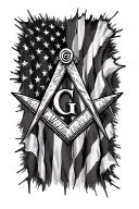Masonic square and compass with tattered American flag background tattoo design idea
