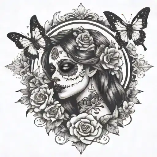 day of dead girl with part of skull face, butterflies, flowers, moon, compass tattoo design idea