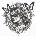 day of dead girl with part of skull face, butterflies, flowers, moon, compass tattoo design idea