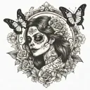 day of dead girl with part of skull face, butterflies, flowers, moon, compass tattoo design idea