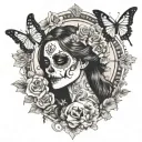 day of dead girl with part of skull face, butterflies, flowers, moon, compass tattoo design idea
