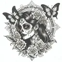 day of dead girl with part of skull face, butterflies, flowers, moon, compass tattoo design idea