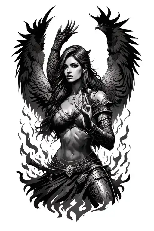 female warrior, phoenix rising from the ashes, deaf and american sign language battle cry tattoo design idea