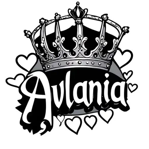 The name of Avlania with a queen crown for a princess with hearts around the name in black and white tattoo design idea