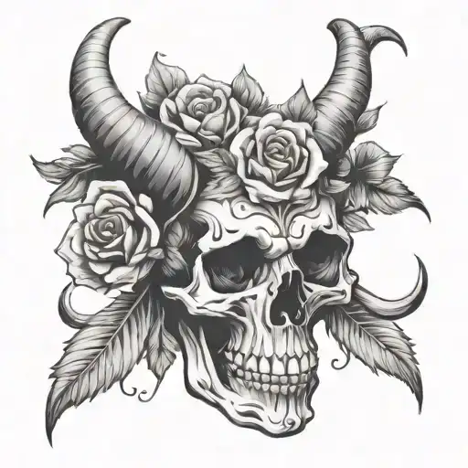 skull with ram horns and flowers tattoo design idea