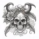 skull with ram horns and flowers tattoo design idea
