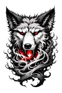 black and white turbulent Forest with the eyes of Fenrir piercing through in red located from wrist through forearm tattoo design idea