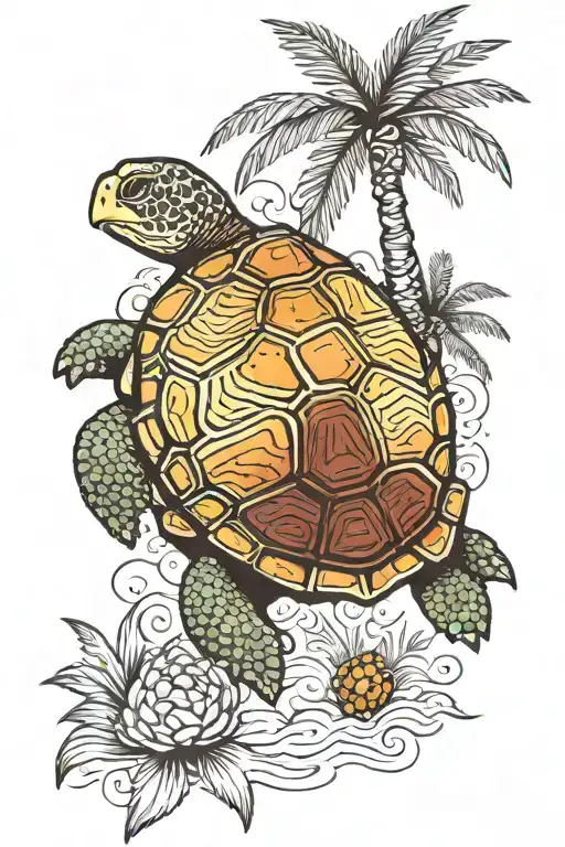 turtle and palm trees tattoo design idea