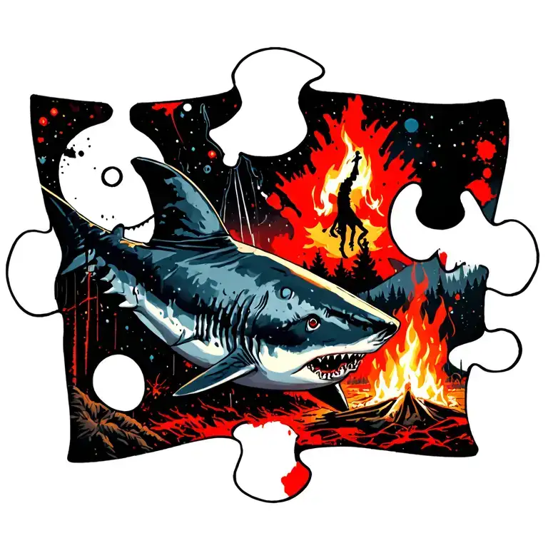 puzzle piece, camping, witch, moon, campfire, shark tattoo design idea