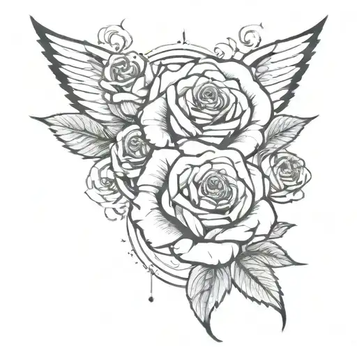 roses with necklace wrapping around wing and roses in background  juuu tattoo design idea