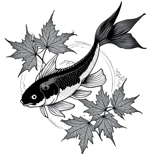 Japanese luck chram with koi fish and japanese maple leafes tattoo design idea