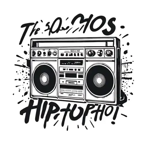 boombox playing 90s hits with Hip Hop written underneath tattoo design idea