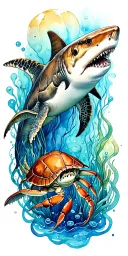 ocean, shark, shells, under water, turtle, jelly fish, crab tattoo design idea