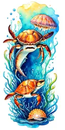 ocean, shark, shells, under water, turtle, jelly fish, crab tattoo design idea