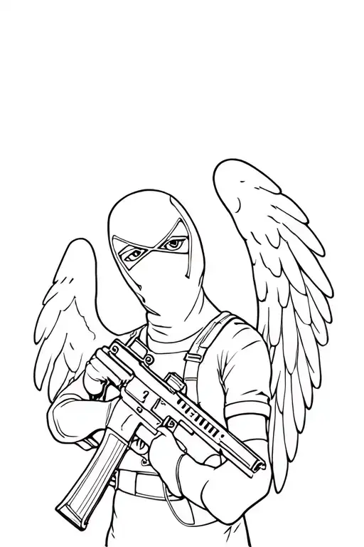 Make a black and white outline of an angel in a black ski mask holding and AK-47 assault rifle tattoo design idea