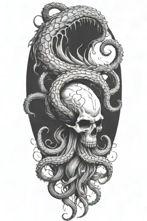 A black and grey tattoo of a malevolent kraken overtaking a skull with its massive tentacles in a hauntingly beautiful way tattoo design idea