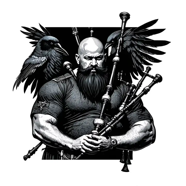 bald bagpiper with black beard with crow featherd muscular body with a mans head and hands playing blackbagpipes tattoo design idea