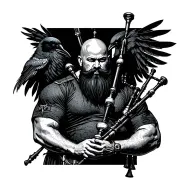 bald bagpiper with black beard with crow featherd muscular body with a mans head and hands playing blackbagpipes tattoo design idea