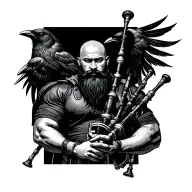 bald bagpiper with black beard with crow featherd muscular body with a mans head and hands playing blackbagpipes tattoo design idea