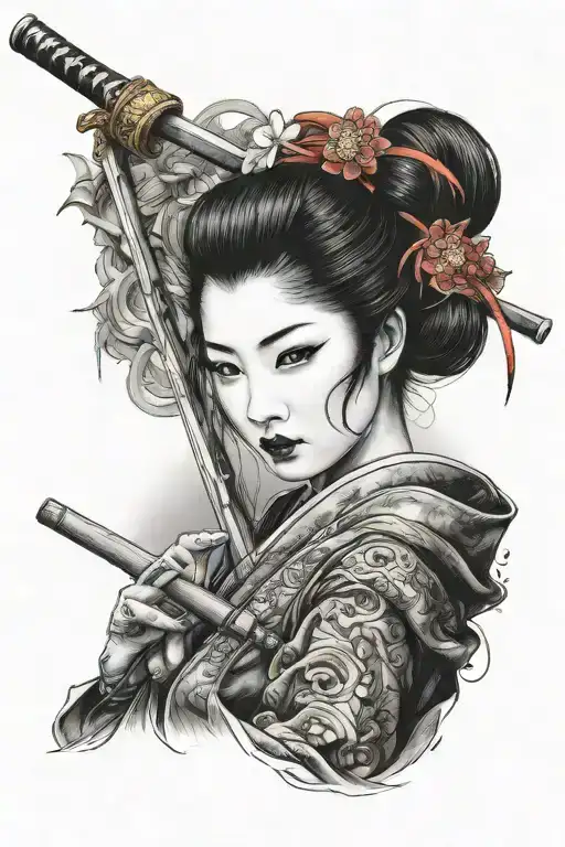 Realism "Geisha Holding A Katana" Tattoo - BlackInk AI