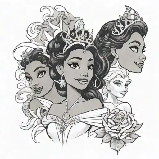 princess tiana, merdia, elsa tattoo design idea