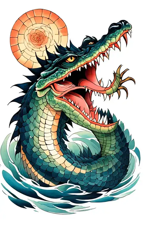 Japanese demon alligator swimming with mosaic like scales tattoo design idea