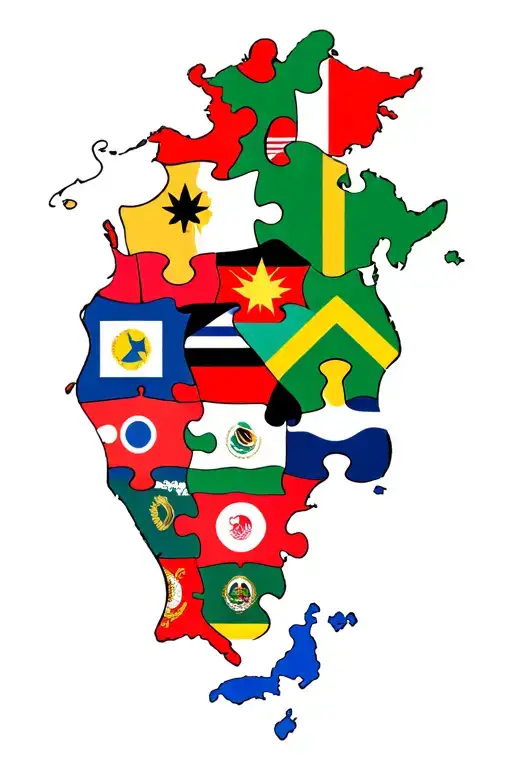 puzzle peices with country flags inside japan jamaica korea italy canada turkey greece mexico tattoo design idea