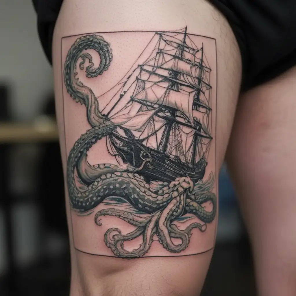 Kraken pulling a ship tattoo design idea