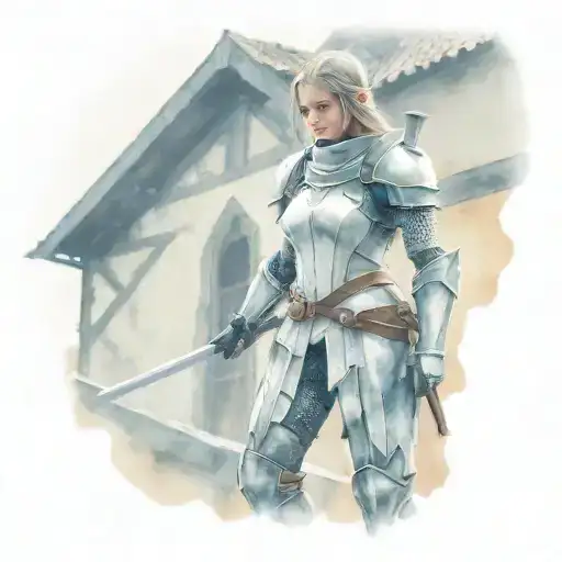 A cinematic medium shot of a female assassin-knight with a white and gray armor set, standing on a medieval roof. She ha tattoo design idea