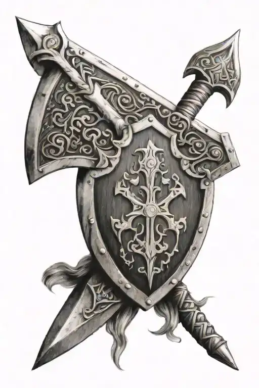 make a viking shield with a battleaxe diagonal behind it. include dark convoluted engravings of norse mythology on each tattoo design idea