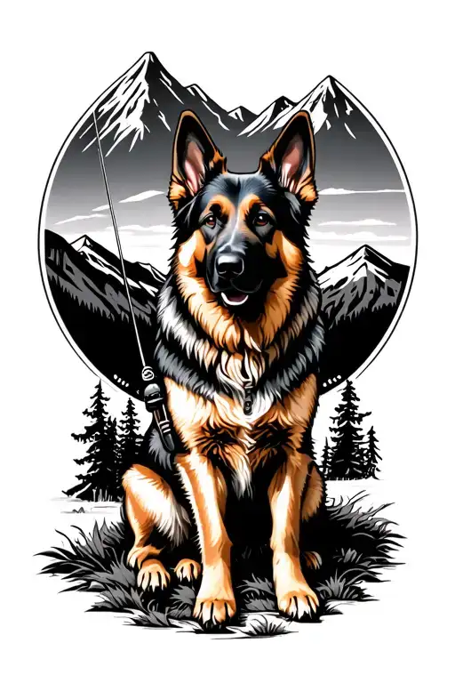 "German shepherd dog sitting " "German shepherd dog sitting beside fFisherman casting a line in mountains silhouette style tattoo design idea