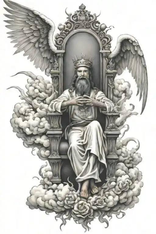 king of kings sitting on throne of cloud and fire surrounded by flying angels tattoo design idea