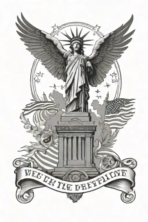statue of liberty, american flag, we the people, in god we trust, bald eagle tattoo design idea