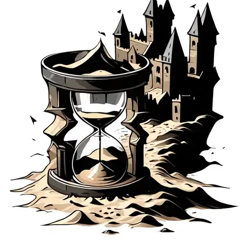 broken hour glass. sand flowing out, sand castle tattoo design idea