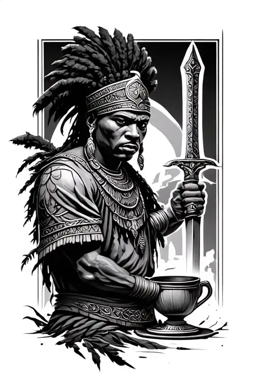 a African warrior with a sword in one hand and a cup that is overflowing in the other tattoo design idea