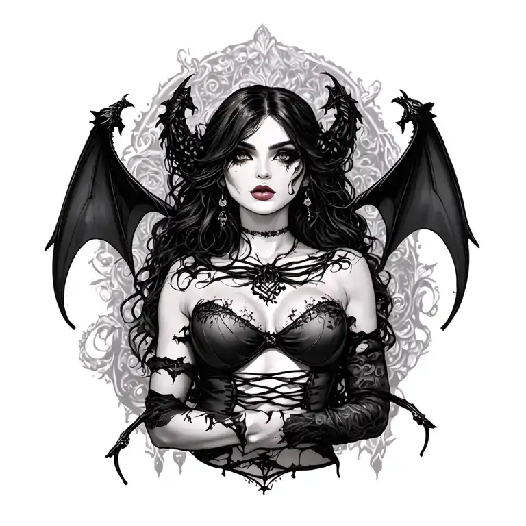 Gothic, Succubus, Big Boobs, G-String, Ripped Bra tattoo design idea
