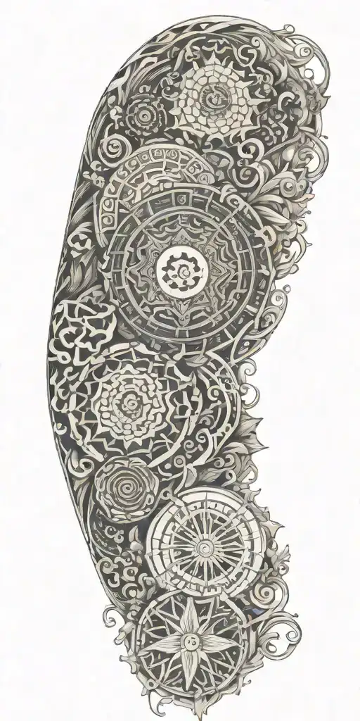 Blend Buddhist mandala, fine-line wood grain, anime elements, and subtle gaming symbols into a cohesive flowing water tattoo design idea