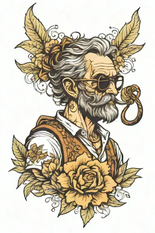 odysseus with bow and floral shirt and sunglassess full body tattoo design idea
