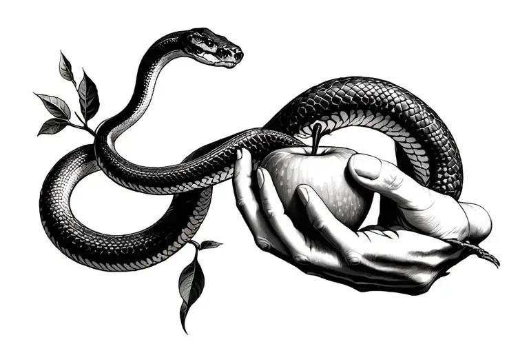 snake wrapped around hands reaching for an apple tree tattoo design idea