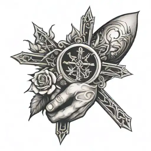 roses thorns and sun setting hands holding cross wrapped tattoo design idea