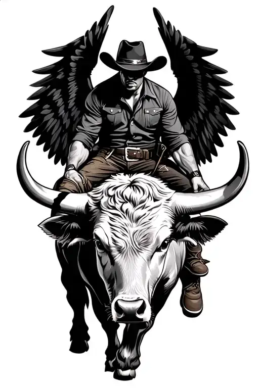 cowboy on bull with black wings tattoo design idea