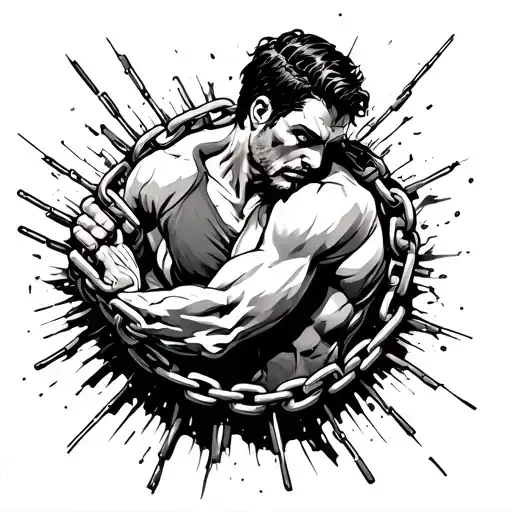 weathered chain holding man back about to break free tattoo design idea