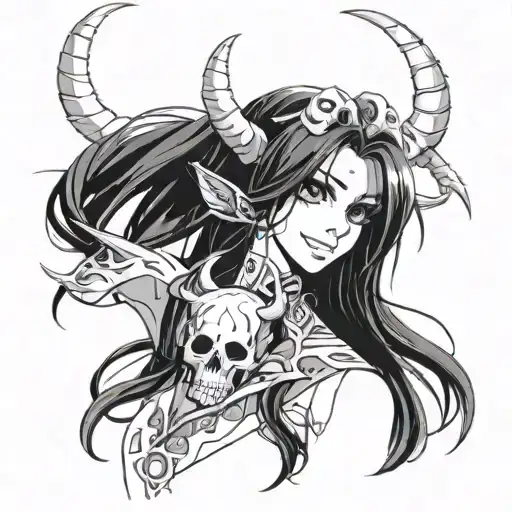 1girl, anime, long_hair, monochrome, solo, horns, Nelliel Tu Oderschvank, Bleach, skull, tattoo design idea