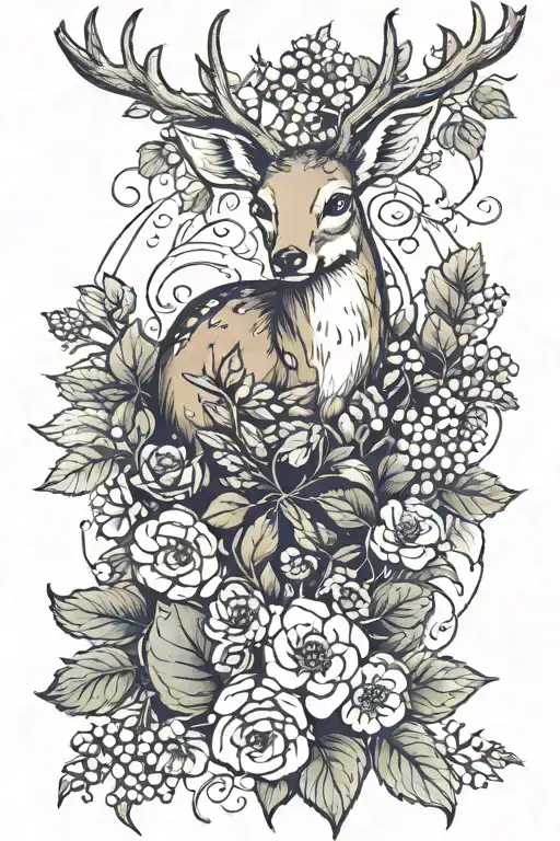 A deer, a fox, a bluebird, a mouse, and a bee surrounded by blackberries and ivy leaves tattoo design idea