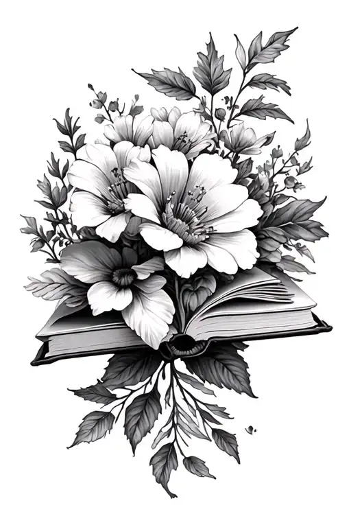 flowers and small book surrounded tattoo design idea