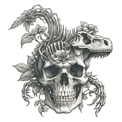 dinosaur skeleton flowers overgrown vines around a broken tattoo design idea