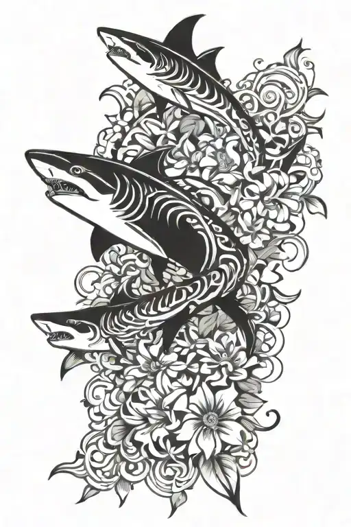shark and Lehua flower intertwined tattoo design idea