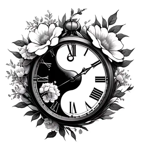 Number 8 with clock beautiful flowers a ying yang design inside one of the loops of the 8 which encased inside a larynth tattoo design idea