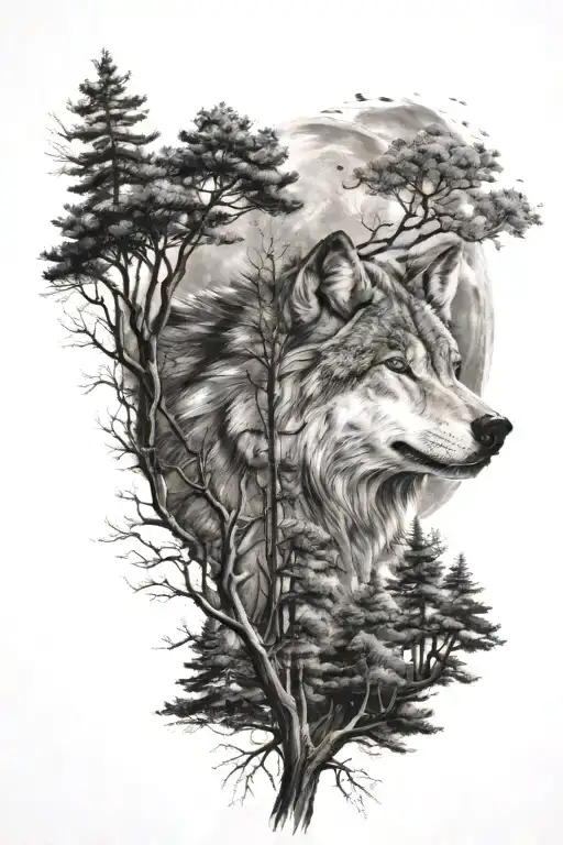 wolf the moon and trees tattoo design idea