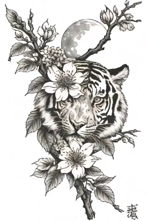 Tiger cherry blossom branch moon tattoo design idea